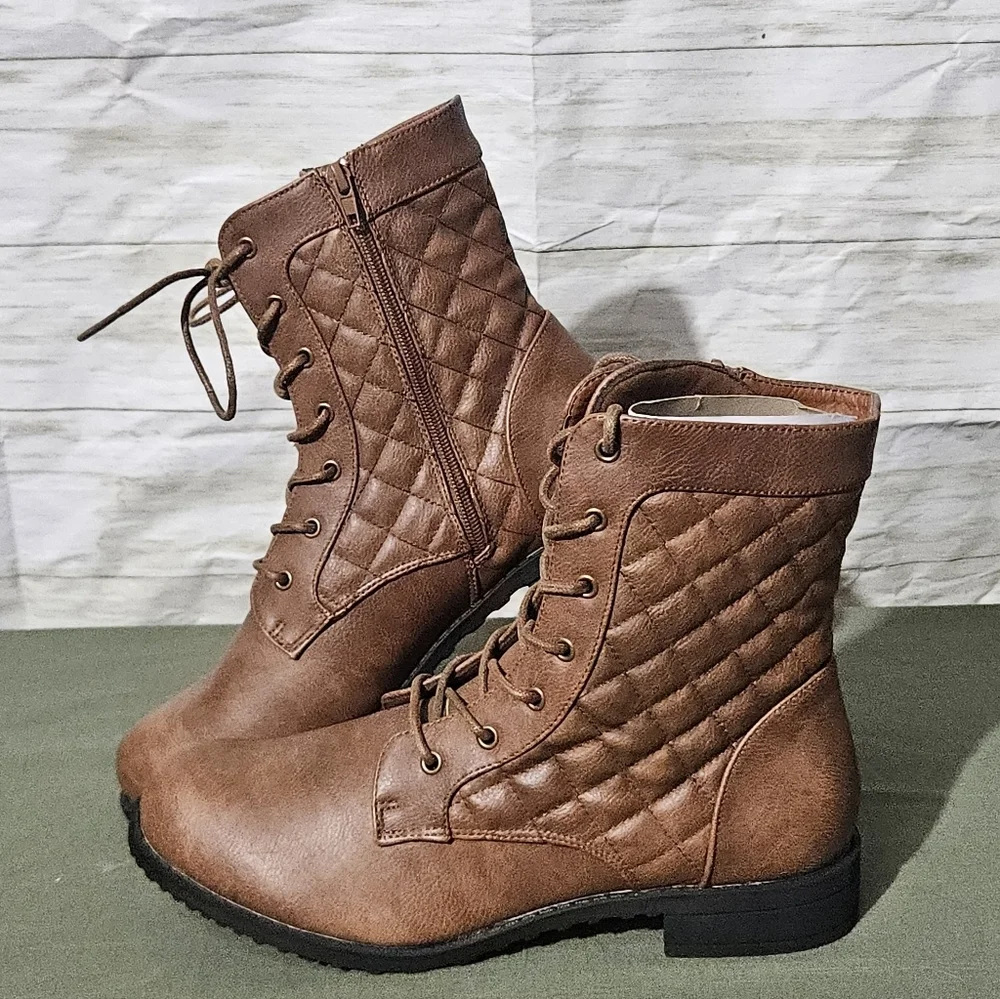 Womens Military Brown Combat Boot With Quilted Top - Picture 2 of 10